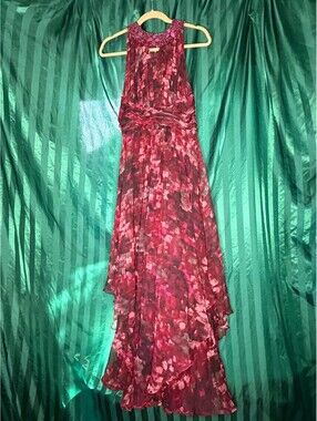 Teri Jon Rickie Freeman Red Floral Print Silk Evening Dress Size 14